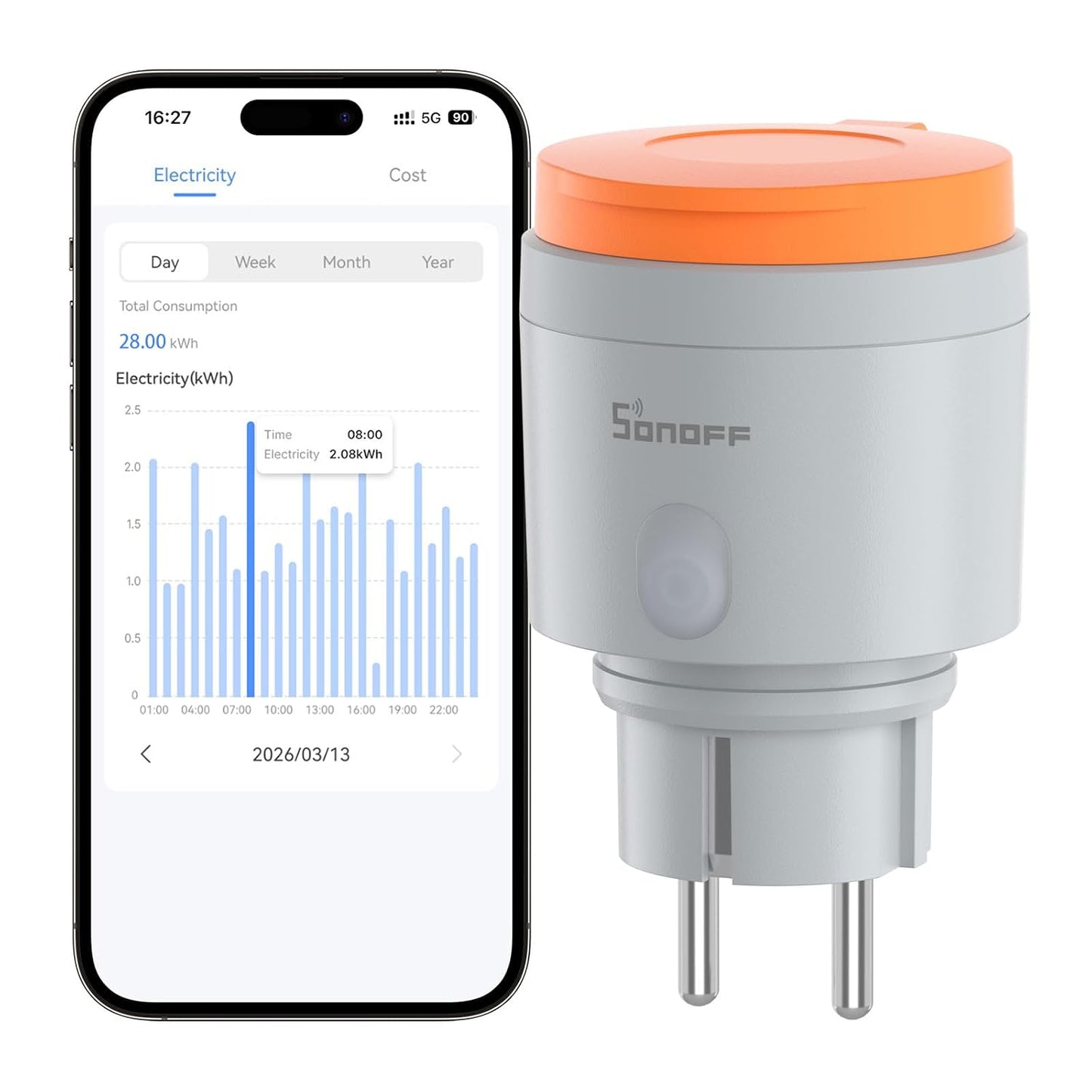 Conector inteligente Sonoff S61s de 16 amperios para intemperie con supervisión de consumo eléctrico (Compatible con protocolo Matter)