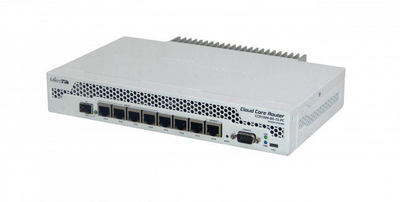 CCR1009-7G-1C-PC. MIKROTIK Enrutador de cable 9-1GHz 7-1000 1-puerto SFP combinado USB RS232 L6 PoE/entrada 18-56V