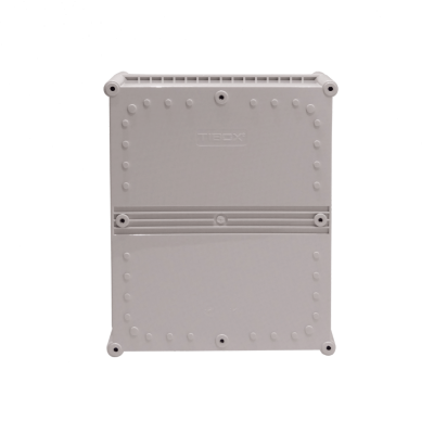 TJ-AG-3428-1. Caja plástica TIBOX de 340 x 280 x 180 mm con tapa gris, placa de montaje incluida, protección IP66 y certificación RoHS