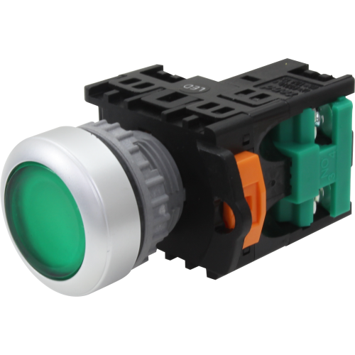 Pulsador momentáneo redondo plástico Iluminado 22mm 1NA Serie TN2 - Verde - Piloto LED 24VAC/DC