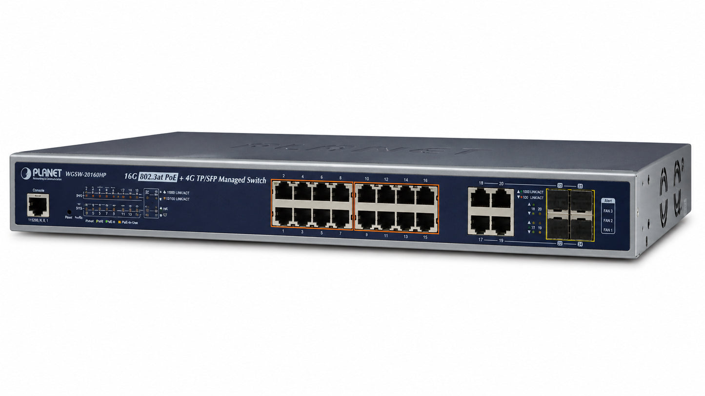 Switch administrado combinado L2+ de 16 puertos 10/100/1000BASE-T 802.3at PoE + 4 puertos Gigabit TP/SFP (Descontinuado)