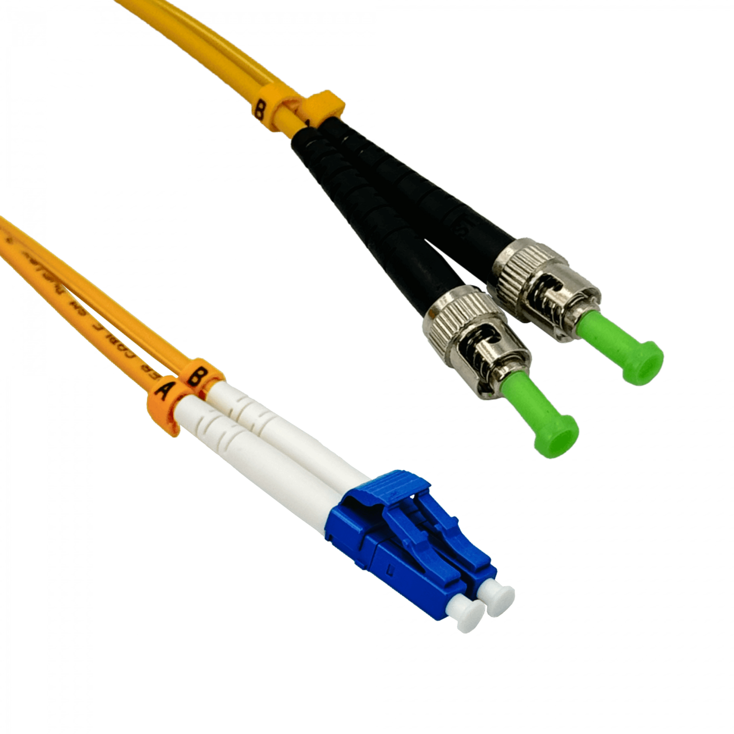 JFSLU3. Cable puente de fibra óptica monomodo SM dúplex de 3 metros con conectores LC/UPC a ST/APC, núcleo de 9/125 µm y cubierta de 3 mm