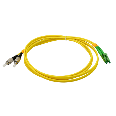 JFSBF2. Cable de interconexión de fibra óptica monomodo dúplex LC/APC a FC/UPC de 2 metros, núcleo de 9/125 µm y diámetro de 3 mm.