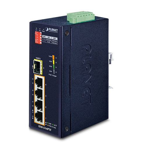 Switch Industrial Ethernet 10/100TX 802.3at PoE+ de 4 Puertos Más 1 Puerto 100FX