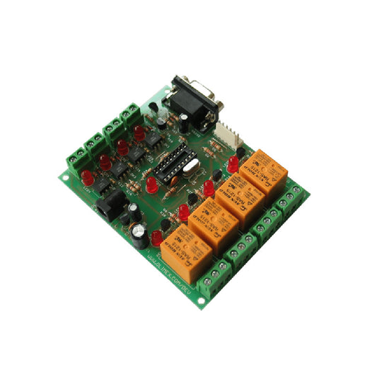 Módulo de interfaz PIC-IO para microcontroladores PIC de 18 patas, cuatro salidas con relevadores, cuatro entradas fotoacopladas + puerto serial DB9