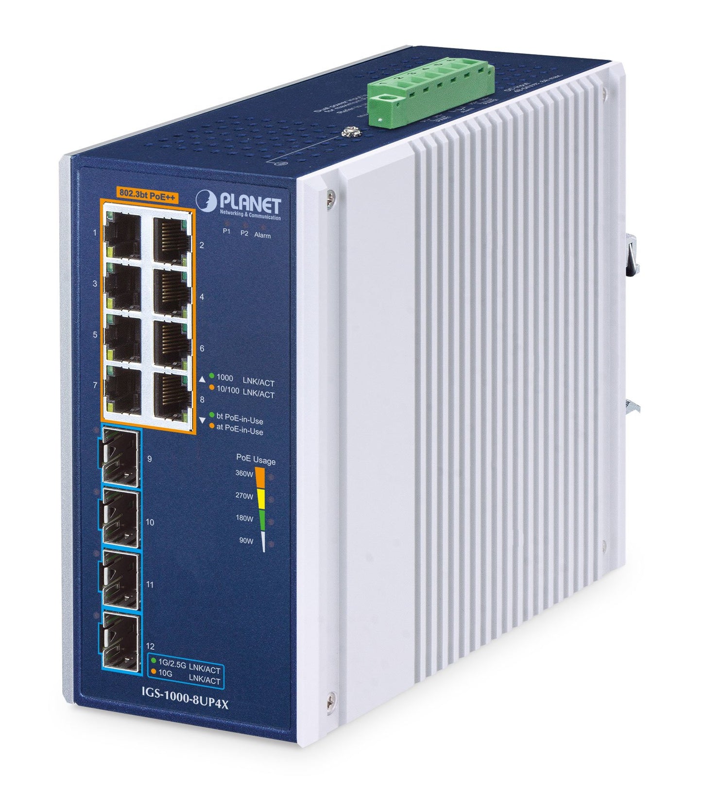 Switch Ethernet Industrial de 8 Puertos 10/100/1000T 802.3bt PoE + 4 Puertos 10G SFP+