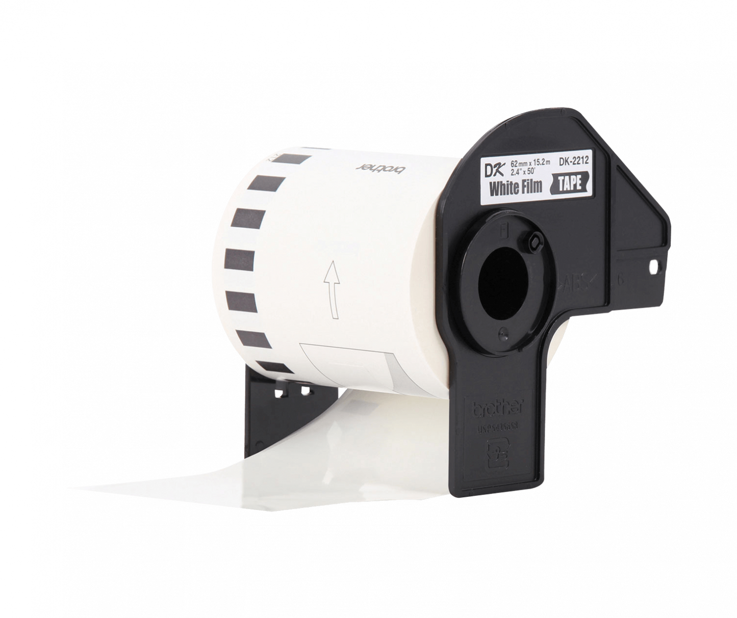 DK2212. Rollo continuo adhesivo plastificado de 62 mm de ancho y 15,2 m de largo, impresión negra sobre fondo blanco, compatible con equipos QL de Brother.