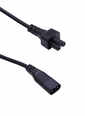 C8MT Cable de alimentación negro de 30cm con clavija en forma de ocho Macho (C8) a conector trébol Hembra (C5), calibre 3x0.75mm y capacidad de 10 amperios