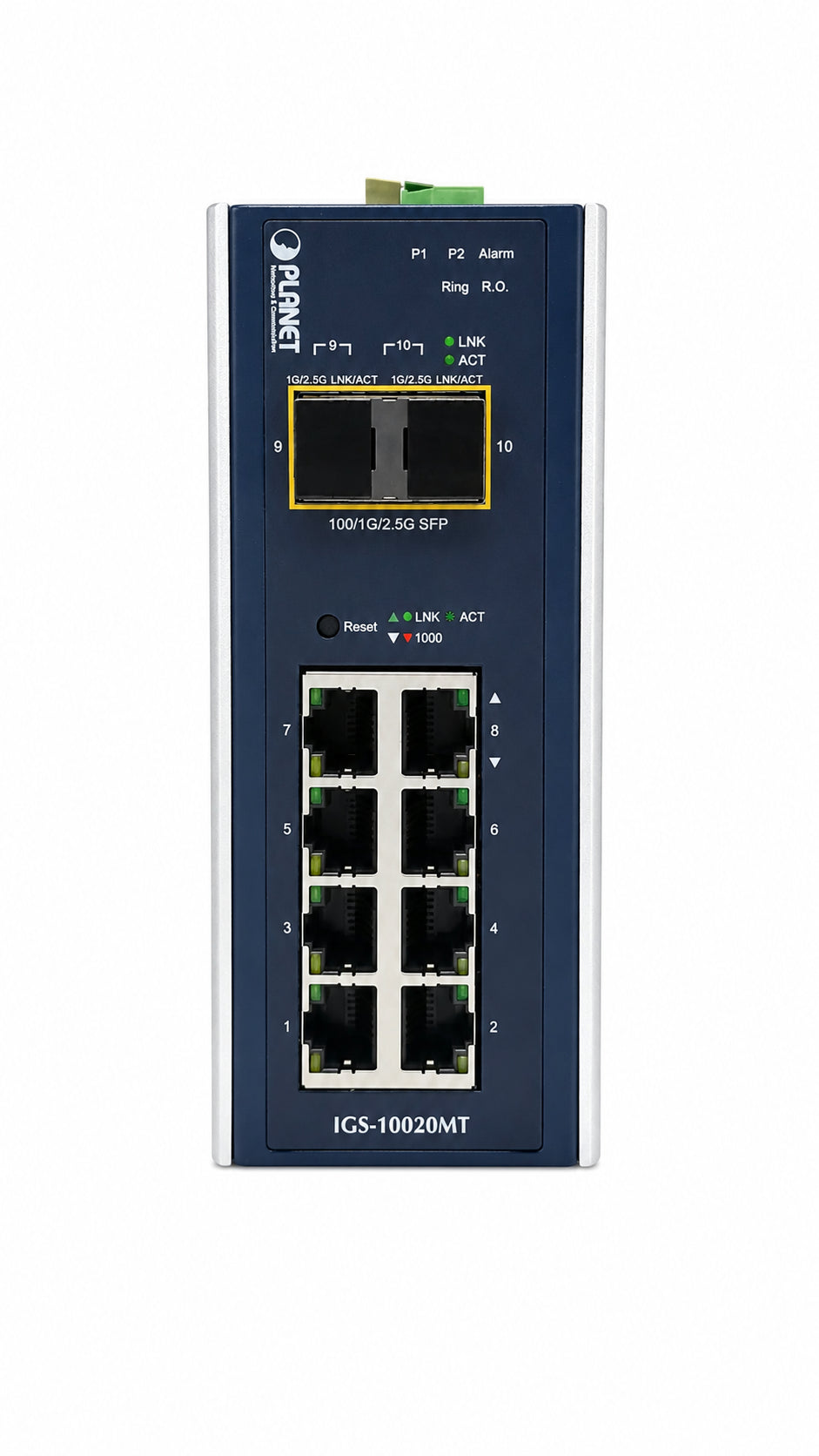 Switch Gigabit Administrado Industrial de 8 Puertos 10/100/1000T + 2 Puertos 1G/2.5G SFP (-40~75 Grados C)