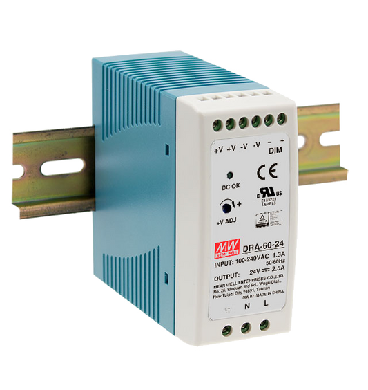 Fuente de poder Riel DIN 60W ajustable 3 en 1 plástico DRA-60 - 24V