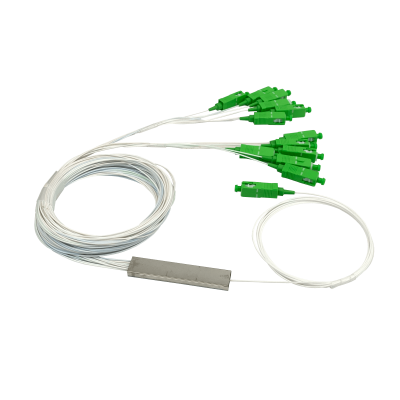 SPLITTER-12A. Divisor óptico PLC 1x12 con salidas de 200 cm y conectores SC/APC, compatible con GEPON/GPON, fibra G657A1 de 0,9 mm y rango espectral 1260–1650 nm.