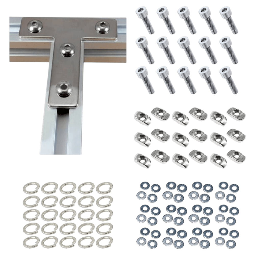 Planchas de empalme Tipo T cromadas para riel TSLOT + tornillos + arandelas + tuercas en T (set de 25 planchas)
