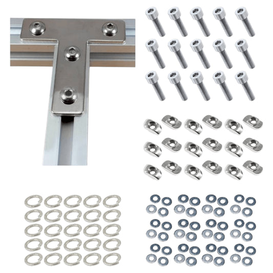 Planchas de empalme Tipo T cromadas para riel TSLOT + tornillos + arandelas + tuercas en T (set de 25 planchas)