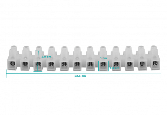 REGLETA-100A. Regleta de conexión con tornillos de 12 pares, capacidad de 100 amperios, cable de 21,2 mm², 380 V, máximo 100 A, dimensiones 226x35x29 mm