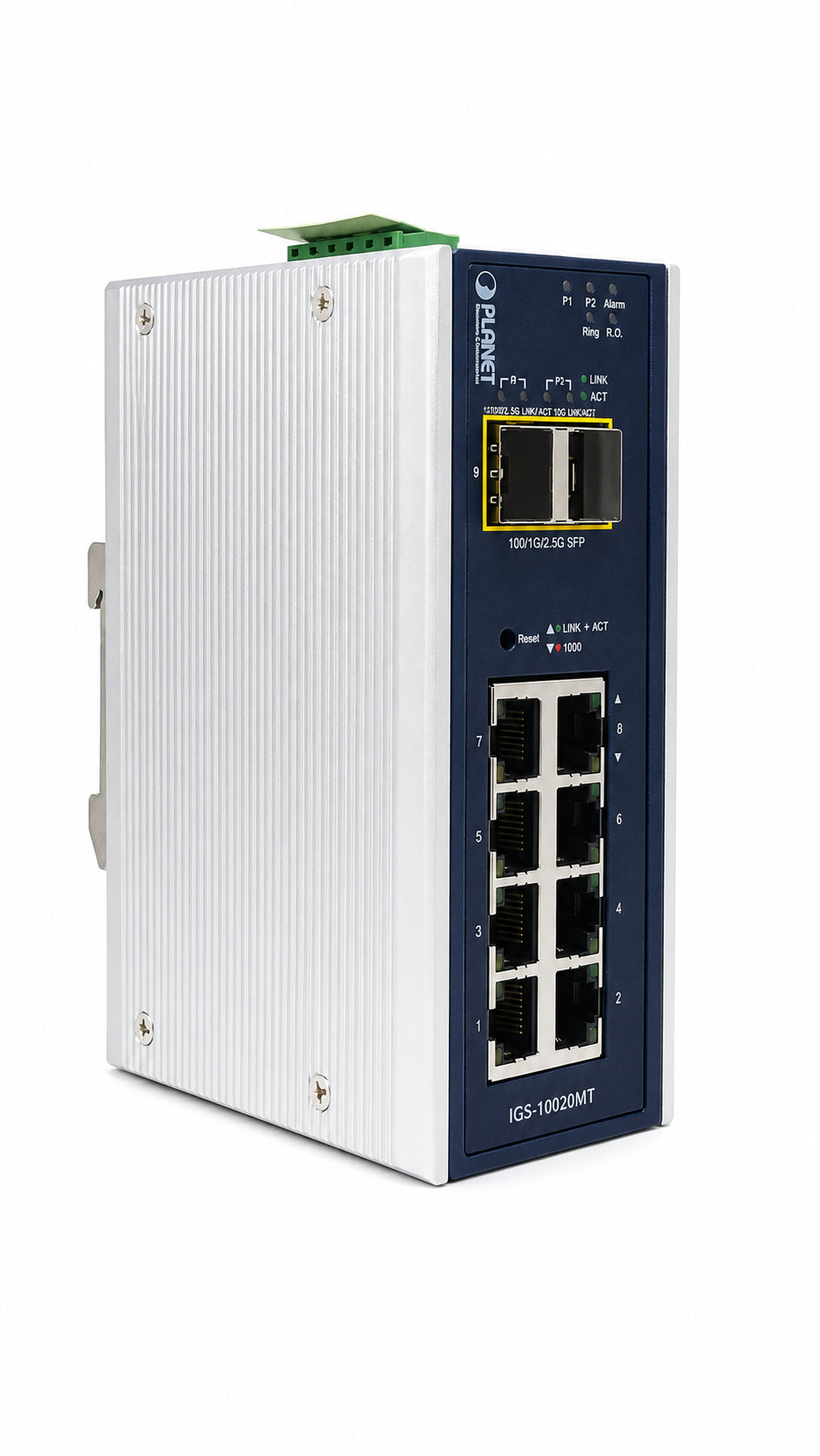 Switch Gigabit Administrado Industrial de 8 Puertos 10/100/1000T + 2 Puertos 1G/2.5G SFP (-40~75 Grados C)