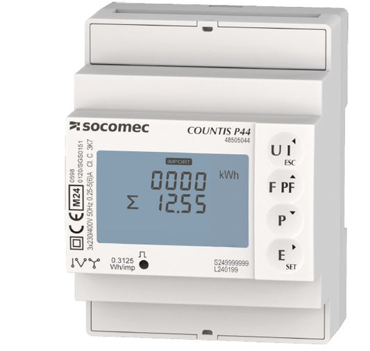 Medidor de energía trifásico a través TC Countis P44 con comunicación MODBUS RS-485, marca Socomec (Francia)