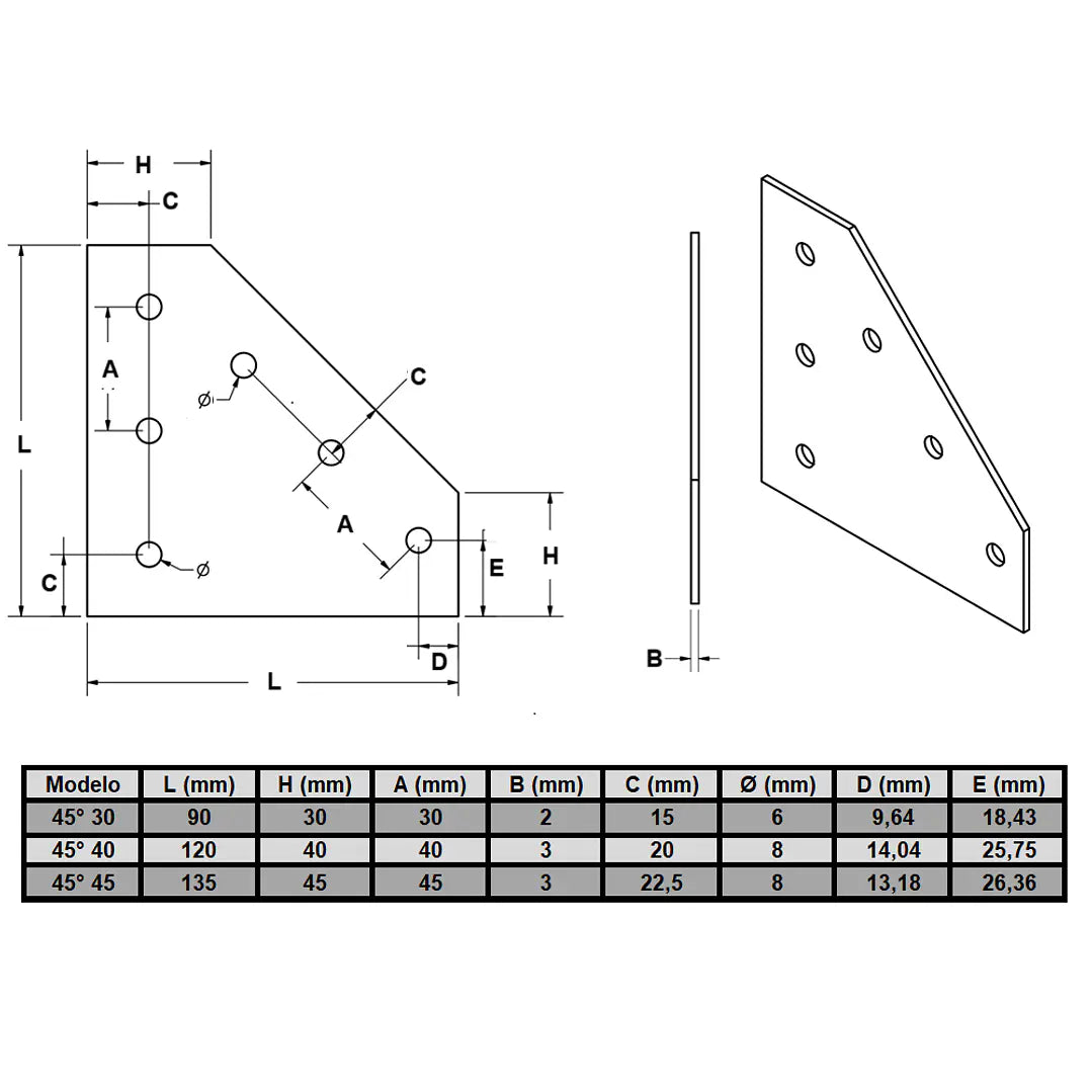 Soporte angular de 45° para perfiles estructurales 40 acabado satinado (conjunto 2 piezas)