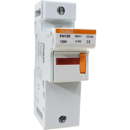 Portafusible metaltex 22x58mm 125A con identificador de fusible quemado serie FH - 1 Polo