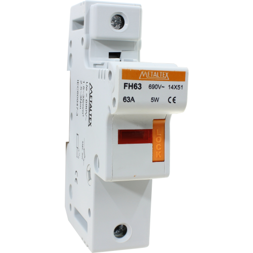 Portafusible metaltex 14x51mm 63A con identificador de fusible quemado serie FH - 2 Polos