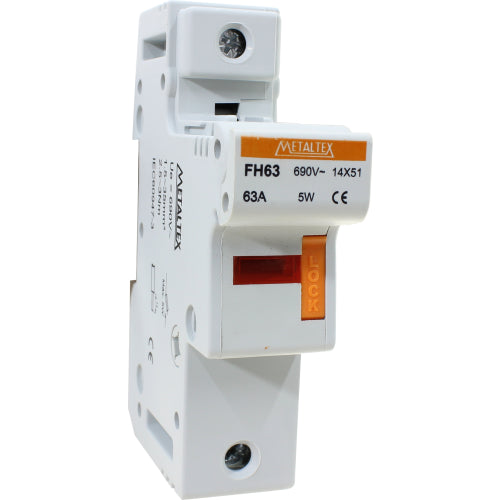 Portafusible metaltex 14x51mm 63A con identificador de fusible quemado serie FH - 3 Polos