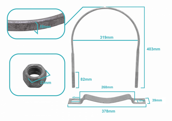 KTL0320. Abrazadera galvanizada de 310 mm para poste circular con rango de ajuste 303–319 mm y tuercas de 23 mm.