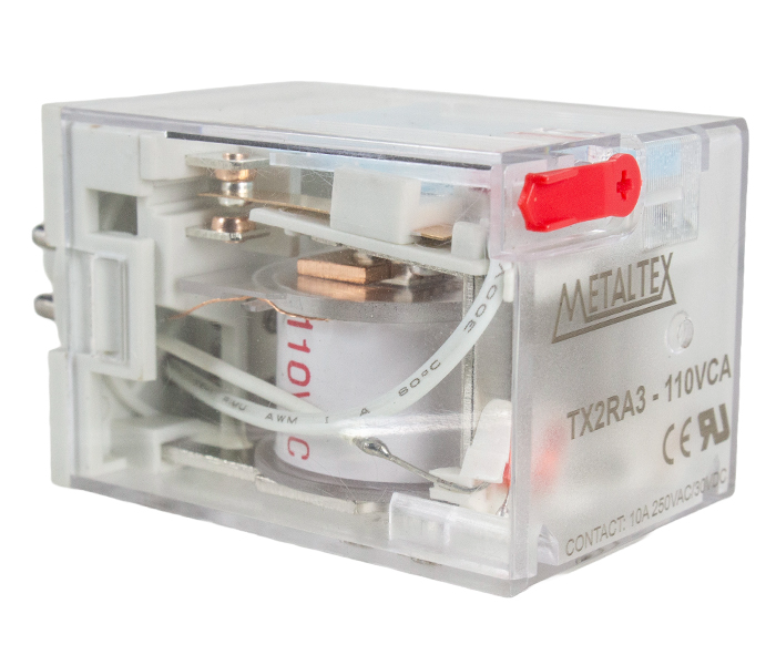 Relé industrial con LED DPDT 10A - 8 o 11 pines enchufables - Indicador mecánico y botón de prueba bloqueable Serie TX2 - 110VCA - 11 Pines