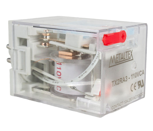 Relé industrial con LED DPDT 10A - 8 o 11 pines enchufables - Indicador mecánico y botón de prueba bloqueable Serie TX2 - 12VCC - 8 Pines