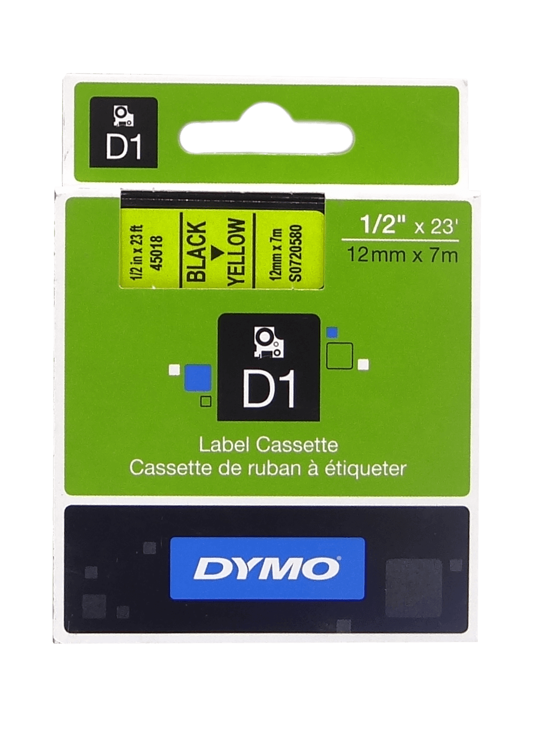 45018 DYMO 12mm Negro en Fondo Amarillo Cinta 7mt D1-Label Cassette