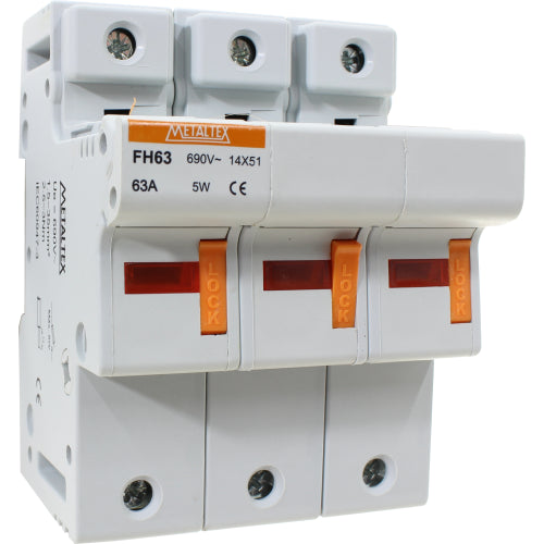 Portafusible metaltex 14x51mm 63A con identificador de fusible quemado serie FH - 3 Polos
