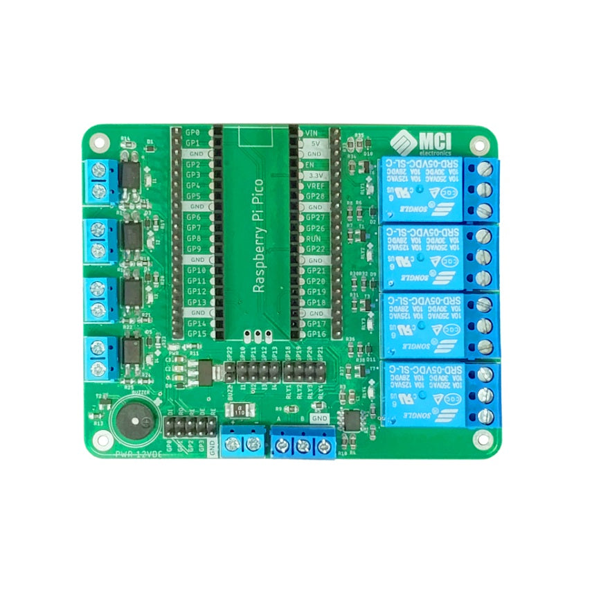 RPI Pico IO – Módulo de Ampliación Industrial para Raspberry Pi Pico que incorpora Relevadores, Comunicación RS-485, Aislamiento Óptico y Alarma Sonora