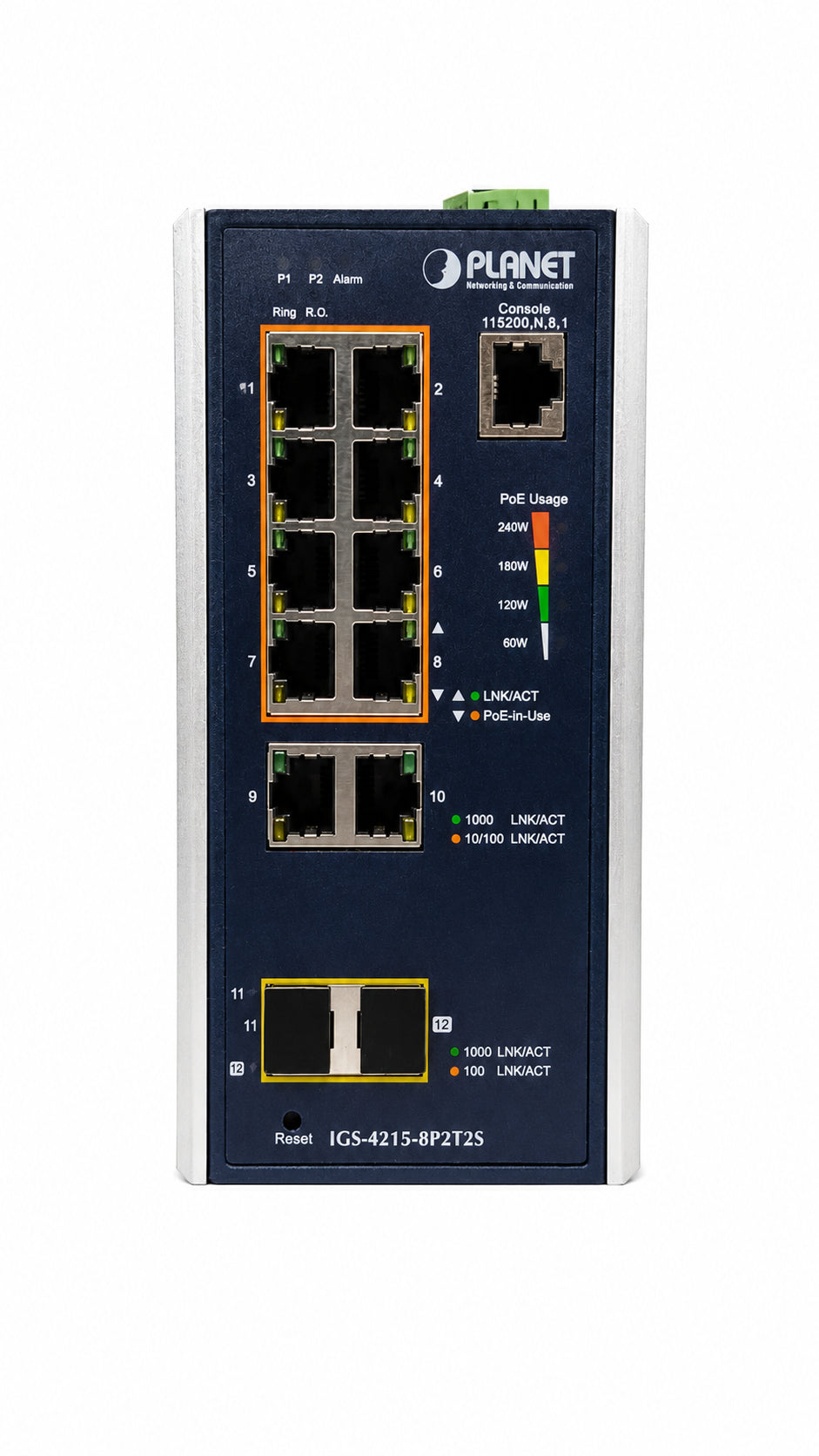 Switch Industrial Industrial de 8 Puertos 10/100/1000T 802.3at PoE + 2 Puertos 10/100/1000T + 2 Puertos 100/1000X SFP administrado (-40~75 Grados C)
