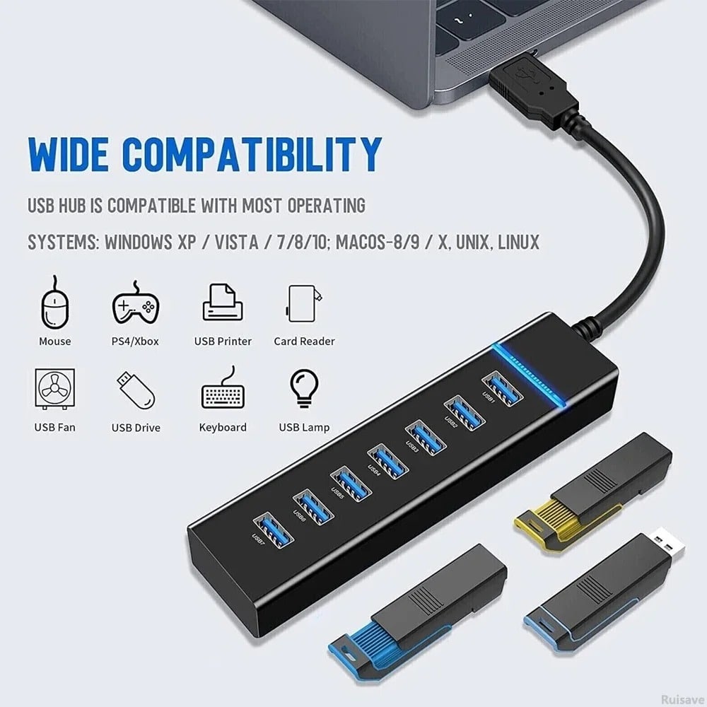 Concentrador USB 3.0 con siete conexiones y cable extendido de 1.2 metros