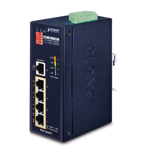Switch Ethernet Industrial 10/100TX de 5 Puertos Con PoE+ 802.3at de 4 Puertos