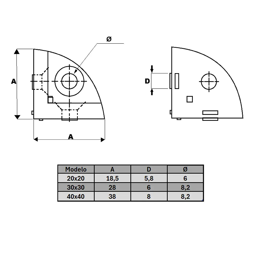 Conector semiesférico triple destinado a perfil tslot de 30x30 mm