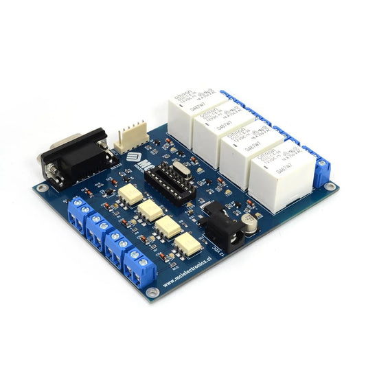 Placa de Desarrollo MCI PIC-IO SMD para microcontroladores PIC de 18 terminales, 4 Salidas por Relé, 4 Entradas Optoacopladas + Puerto Serial DB9