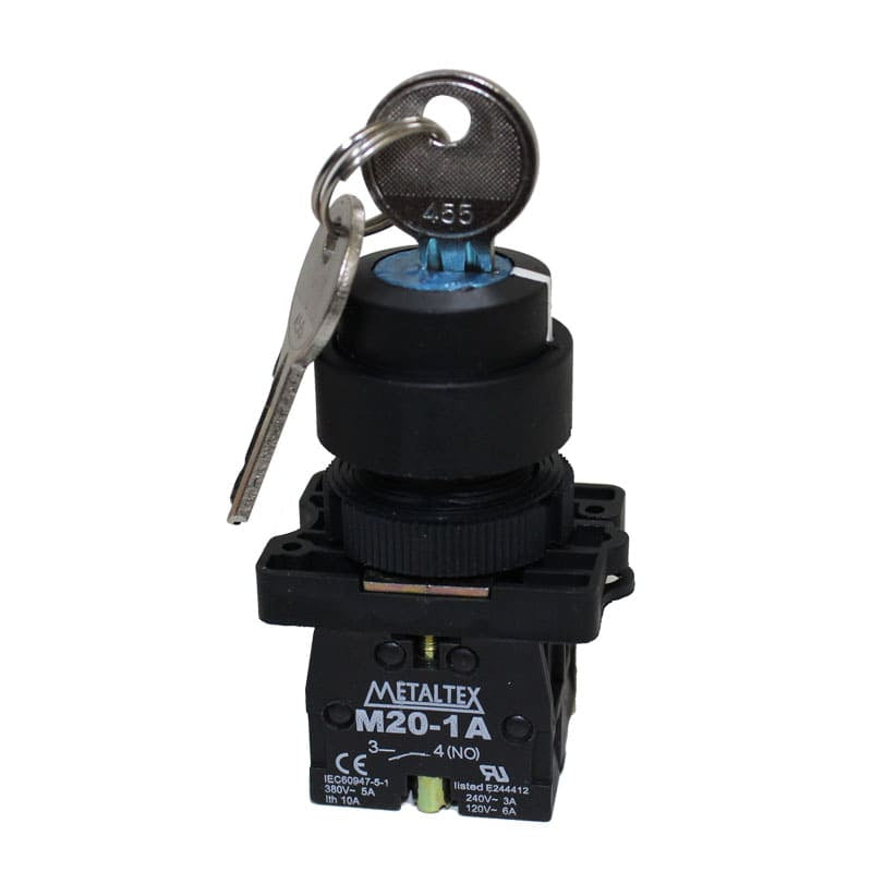 Selector con llave plástico 2 y 3 posiciones fijas 22mm serie P20 - 2NA - 4 - 3 Posiciones fijas 45°