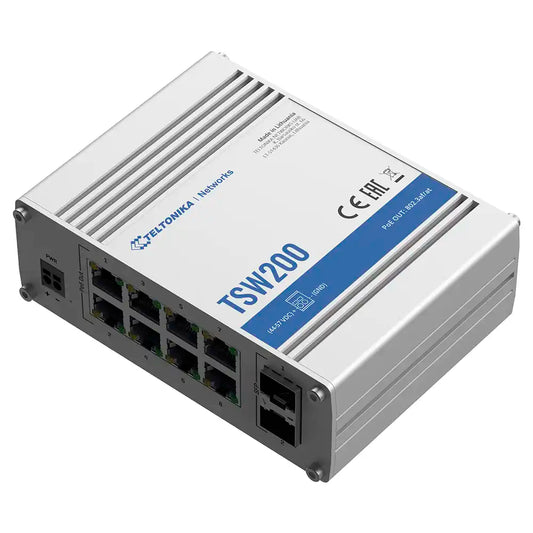 Conmutador Industrial PoE Teltonika TSW200, 8 interfaces LAN, alimentación PoE en puertos 1 al 8, velocidades 10/100/1000 Mbps, 2 ranuras de fibra SFP