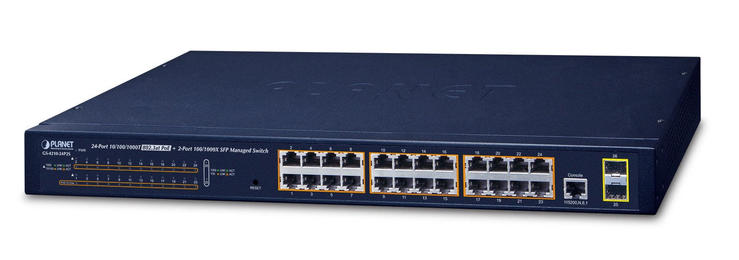 Switch Administrado de 24 Puertos 10/100/1000T 802.3at PoE + 2 Puertos 100/1000X SFP
