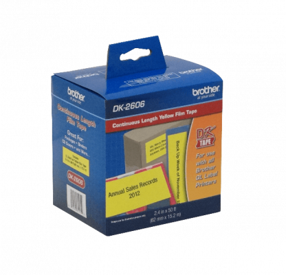 DK2606. Etiqueta continua BROTHER 62mm 15,2m negro sobre amarillo plastificada adhesiva para QL