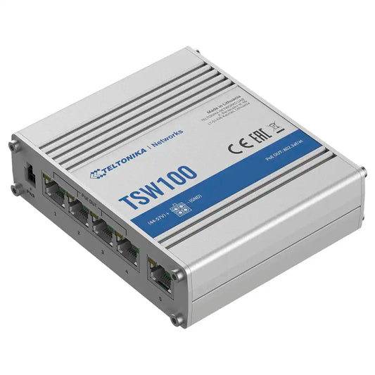 Conmutador de Red Industrial PoE Teltonika TSW100, 5 Puertos Ethernet 10/100/1000 Mbps con Inyección de Energía en Puertos 1-4