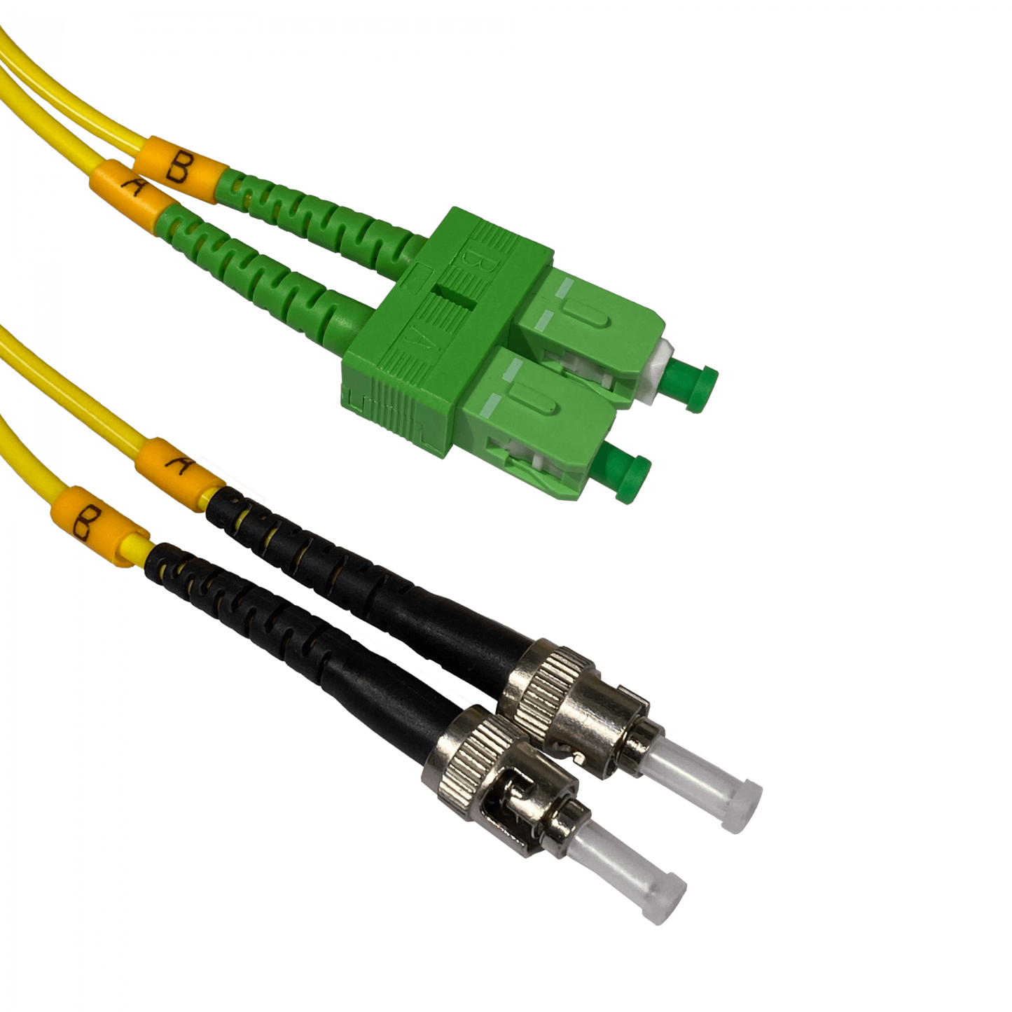 JFSAT2. Cable puente de fibra óptica monomodo dúplex de 2 metros, conectores SC/APC a ST/UPC, núcleo 9/125 µm y cubierta de 3 mm.