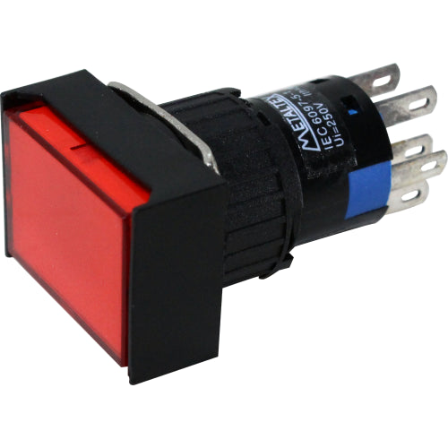 Botón retentivo rectangular plástico Iluminado 16mm Serie P16 - SPDT (1 Reversible) - Rojo - Piloto LED 24VAC/DC