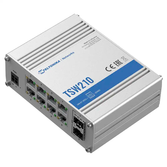 Conmutador de Red Teltonika TSW210, 8 puertos Ethernet RJ45 velocidad 10/100/1000 Mbps, 2 puertos fibra óptica SFP