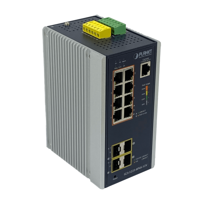 IGS-5212. Switch industrial PLANET para riel DIN con administración, 8 puertos 1000BASE-T PoE+ af/at y 4 ranuras SFP de 2.5G