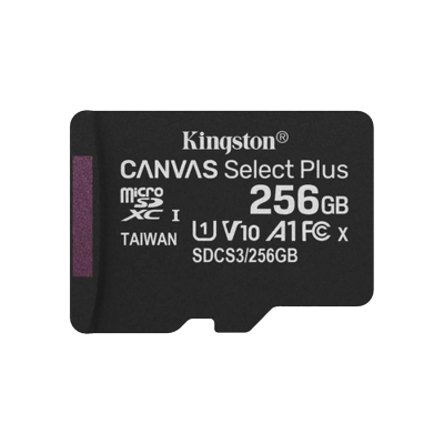 MSD-256GB KINGSTON Tarjeta de memoria MicroSD capacidad 256 gigabytes Incluye adaptador a formato SD Velocidad lectura 100 megabytes por segundo Escritura 85 megabytes por segundo Clase 10 UHS-I U1 V10