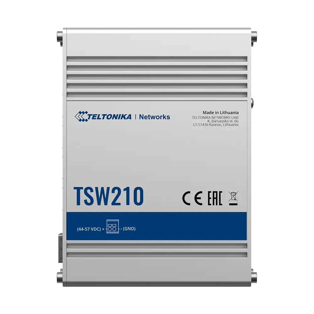 Conmutador de Red Teltonika TSW210, 8 puertos Ethernet RJ45 velocidad 10/100/1000 Mbps, 2 puertos fibra óptica SFP