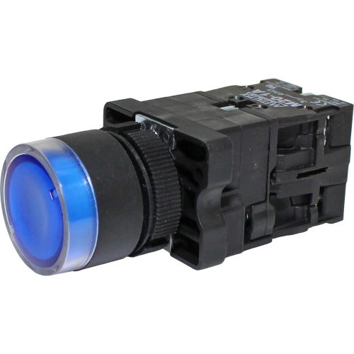 Pulsador momentáneo redondo plástico Iluminado 22mm 1NA+1NC Serie P20 - Blanco - Piloto LED 220VAC/DC