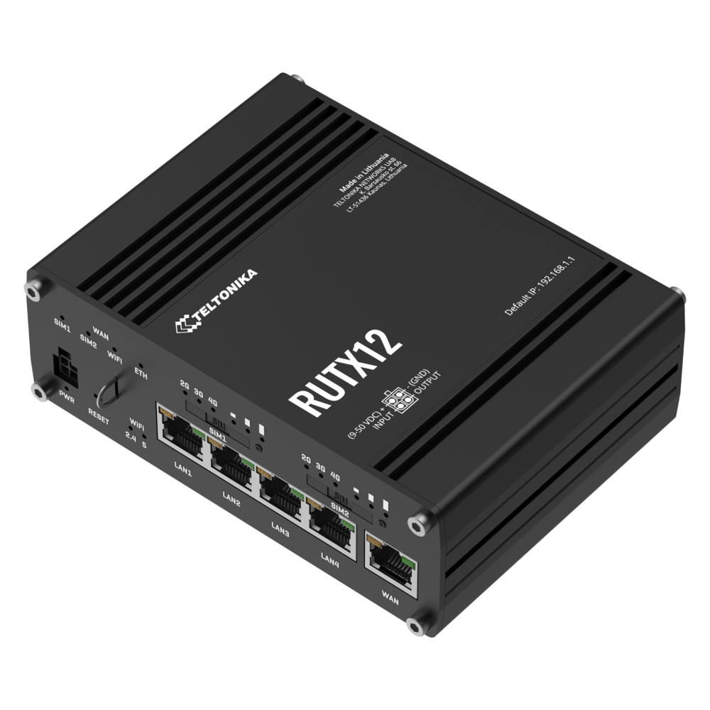Enrutador de Conectividad Celular Teltonika RUTX12 para Entornos Industriales con Tecnología 3G/4G Cat6, Red Inalámbrica Dual Banda (2.4/5Ghz), Doble Ranura SIM, Doble Módem, Posicionamiento Global y Conectividad Bluetooth con Entradas/Salidas Digitales