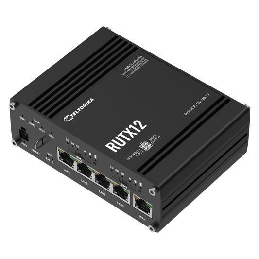 Enrutador de Conectividad Celular Teltonika RUTX12 para Entornos Industriales con Tecnología 3G/4G Cat6, Red Inalámbrica Dual Banda (2.4/5Ghz), Doble Ranura SIM, Doble Módem, Posicionamiento Global y Conectividad Bluetooth con Entradas/Salidas Digitales
