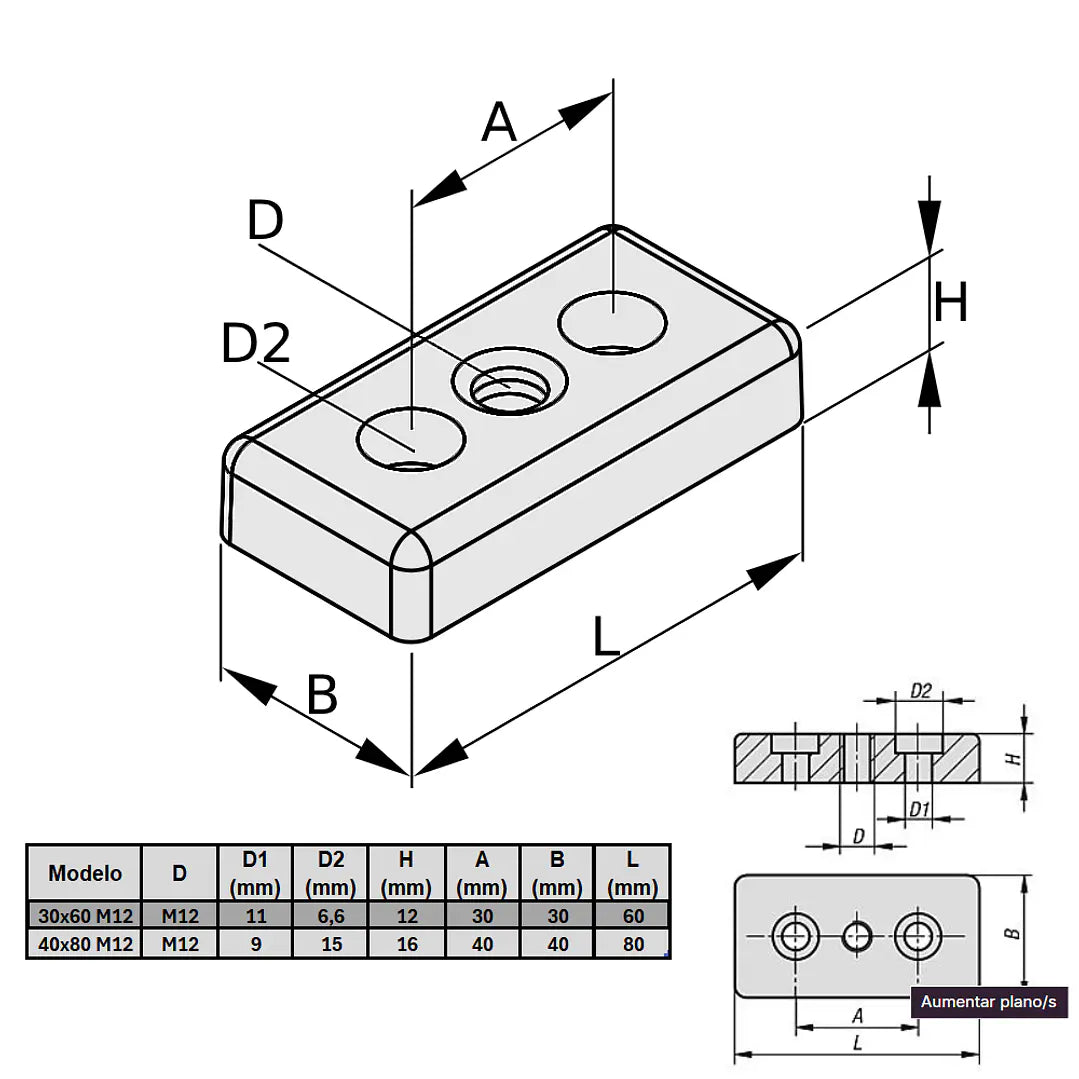 Soporte para pie M12 compatible con perfil 40x80 mm